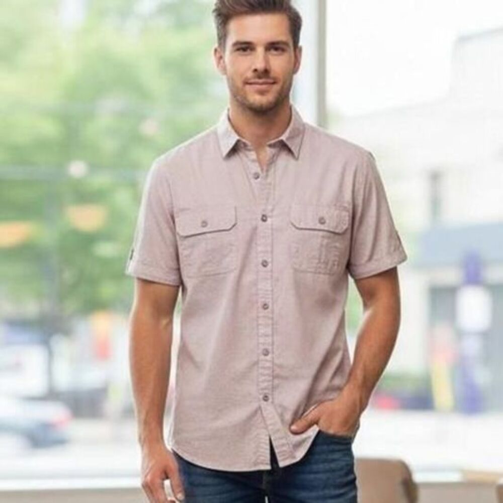 short sleeve button down  Large  Minimalist  earthy utility  workwear